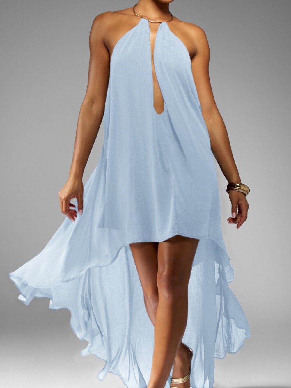 Blue Elegant Women's Crinkle Chiffon Halter Backless Evening Dress